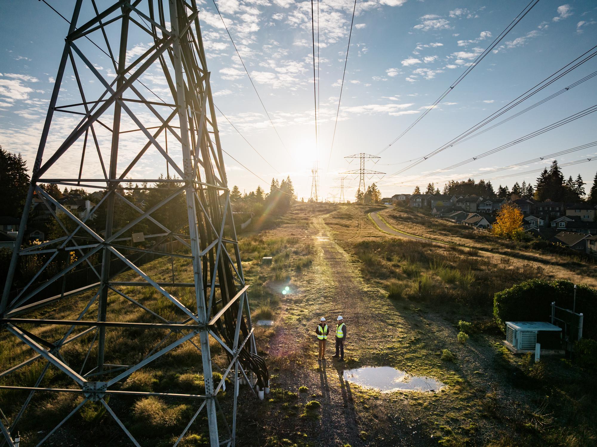 utility power line workers examining grid